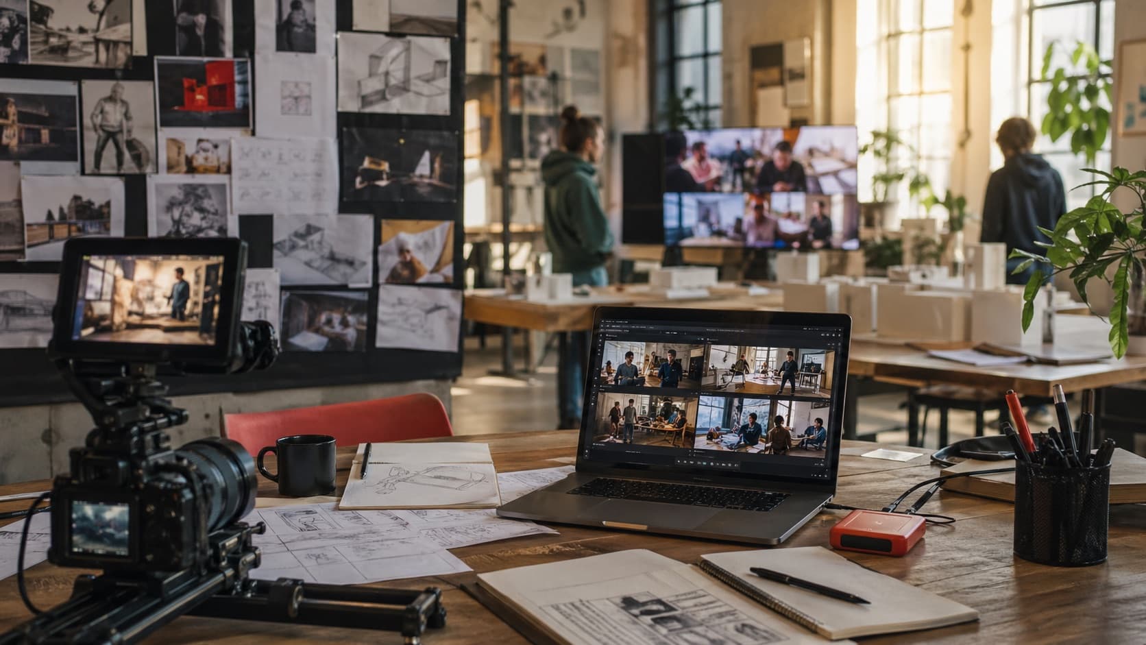 Atelier d'école créative avec caméra, carnets et écrans de production vidéo.