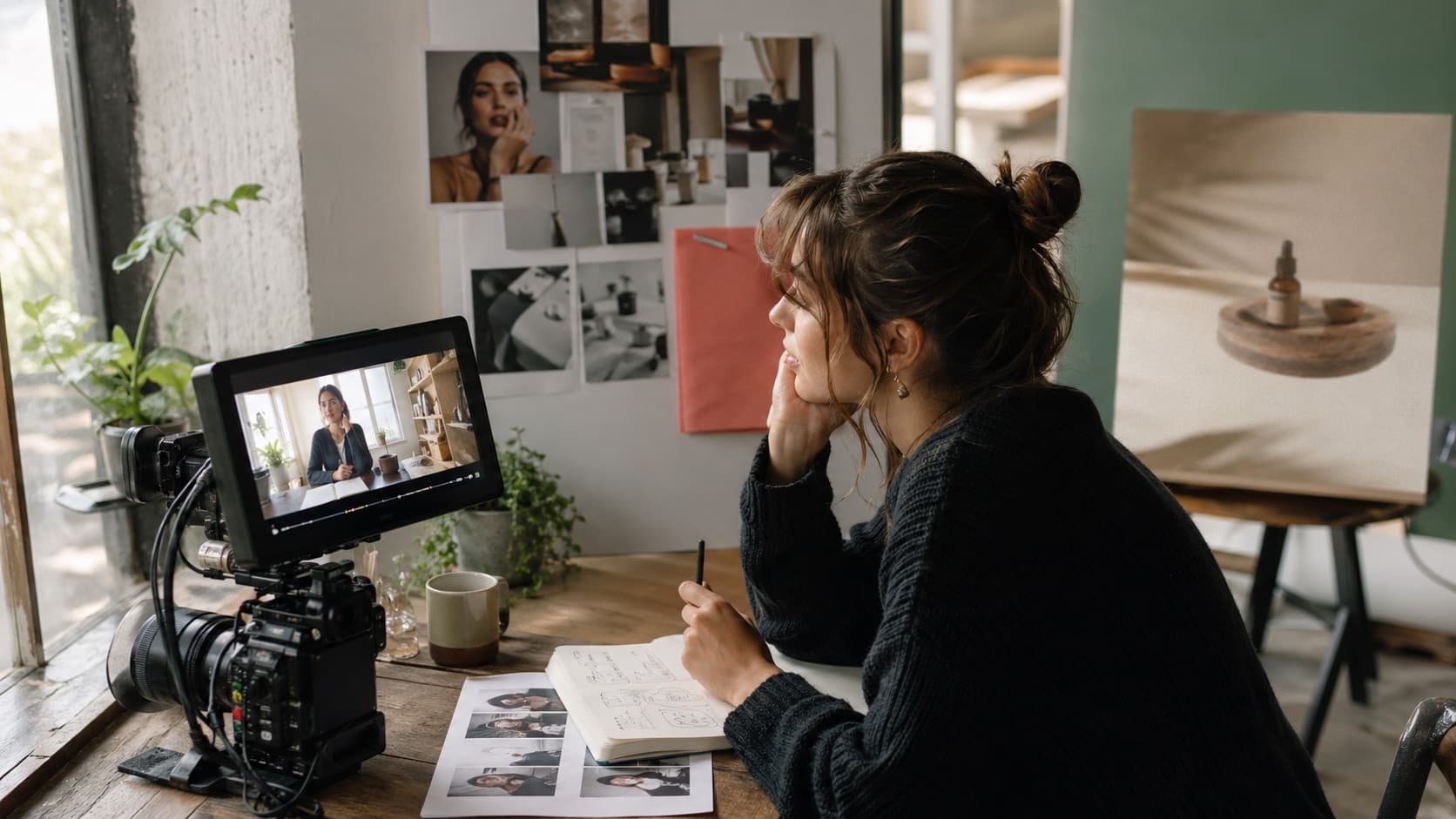 Studio de production intime avec caméra, carnet et références visuelles.