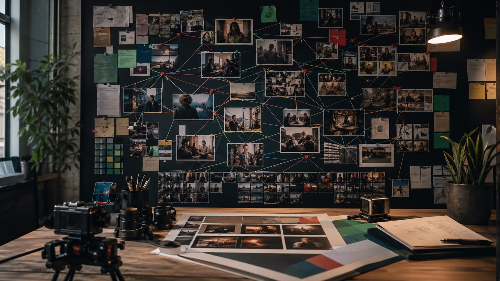 Mur éditorial couvert de photos et de fils reliant des formats vidéo.