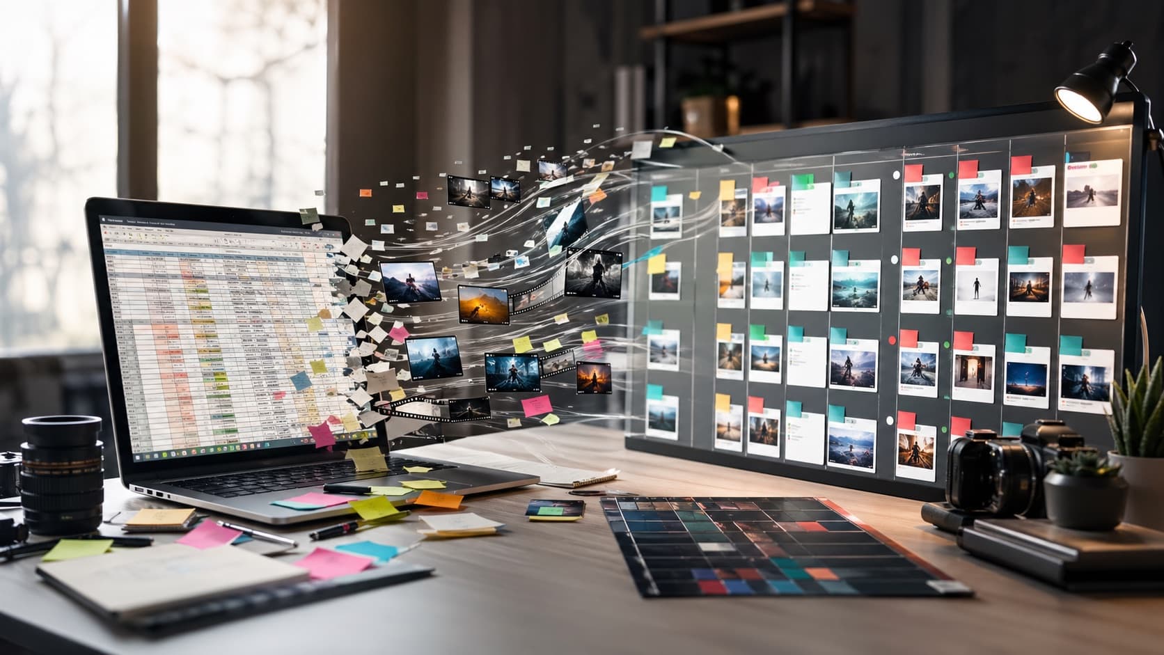Tableur désordonné se transformant en tableau de production vidéo organisé.