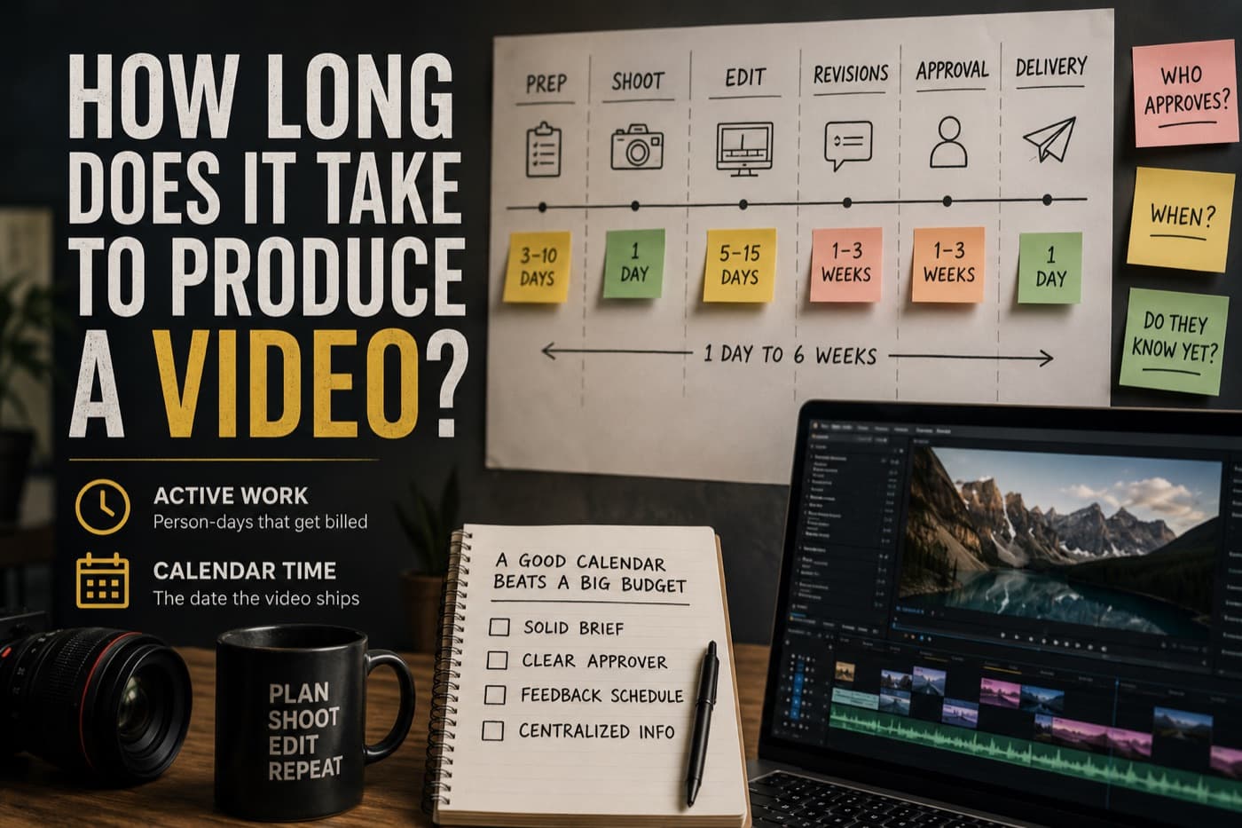 Video production schedule showing the gap between active work and calendar time.