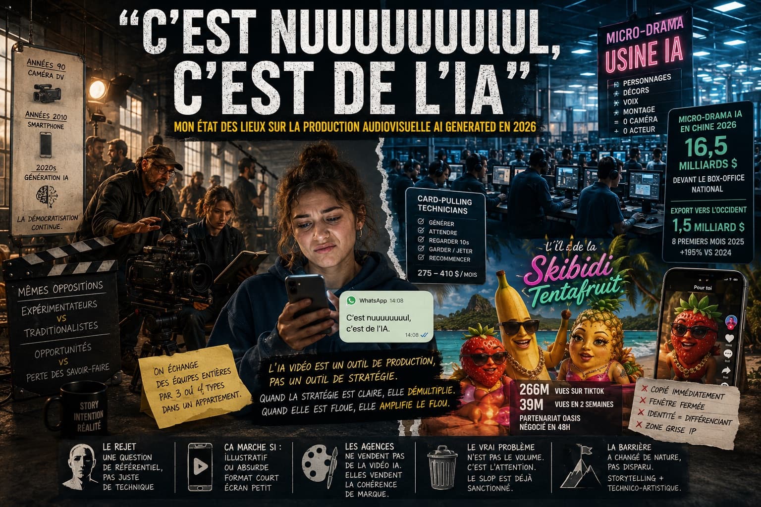 Collage éditorial sur la vidéo IA générative en 2026, entre tournage traditionnel, micro-drama IA et formats sociaux.