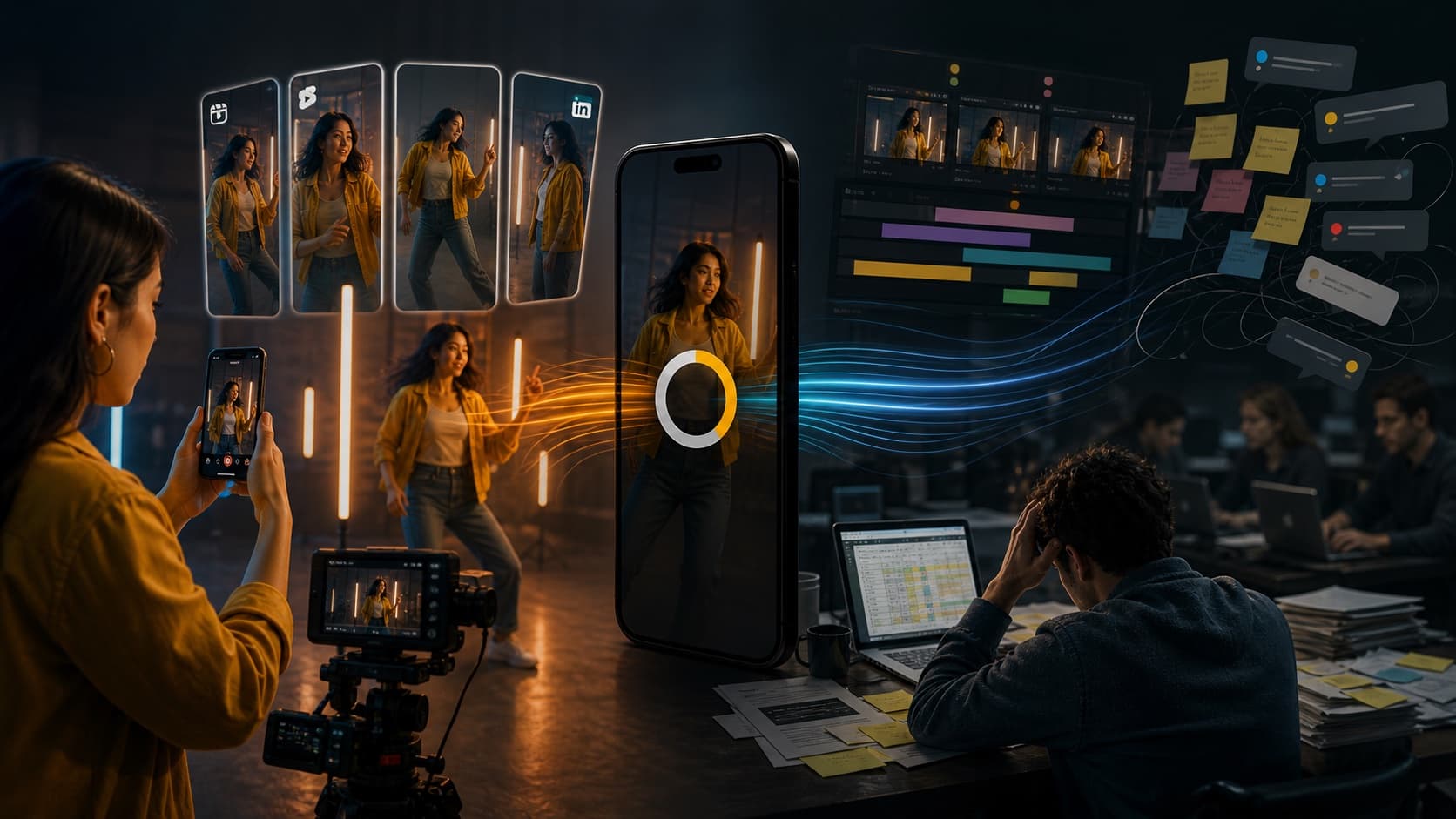 Production team managing multiple vertical video formats across platforms.