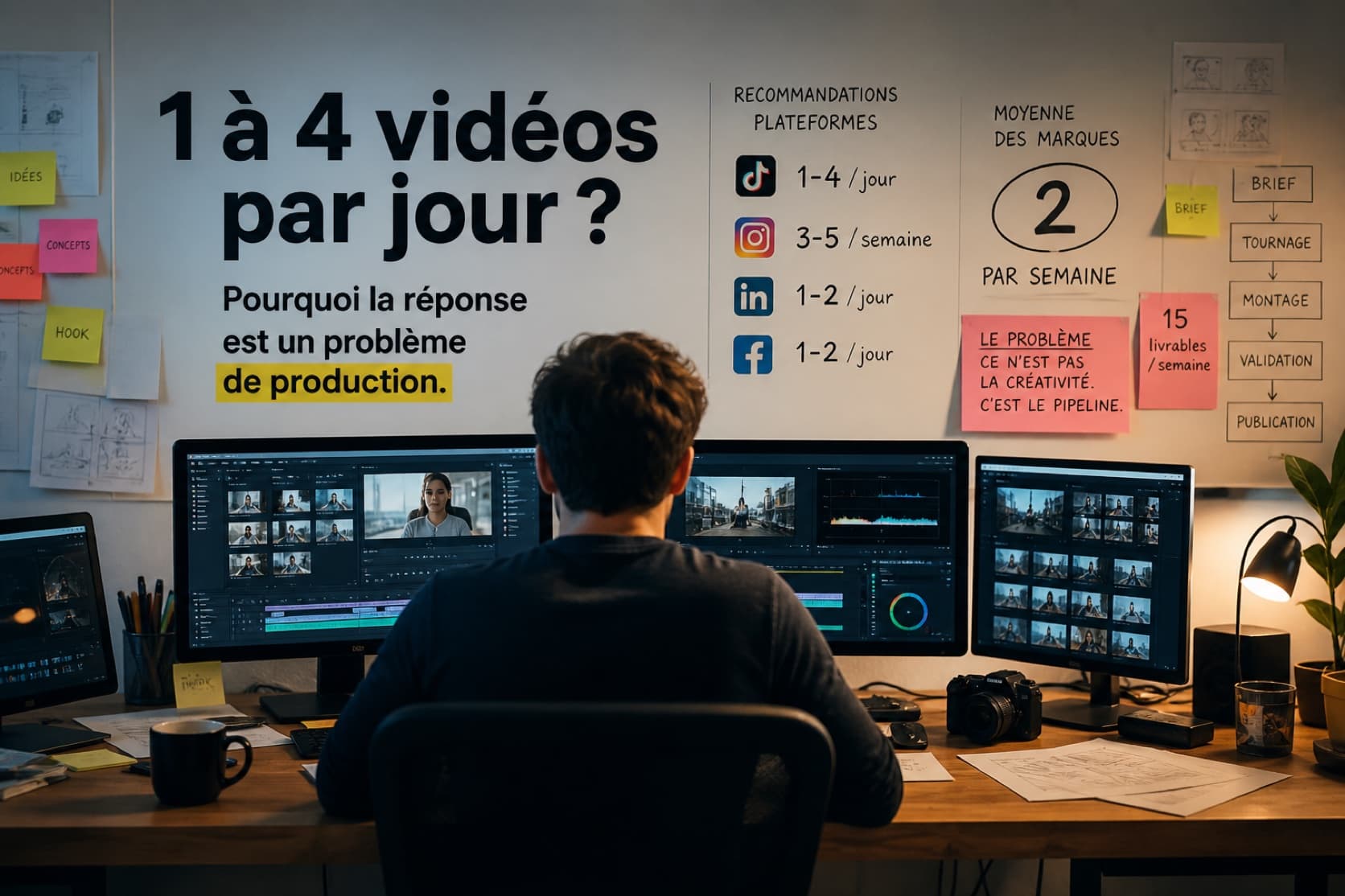 Tableau de bord de production vidéo multi-plateformes avec suivi de volume et cadence.