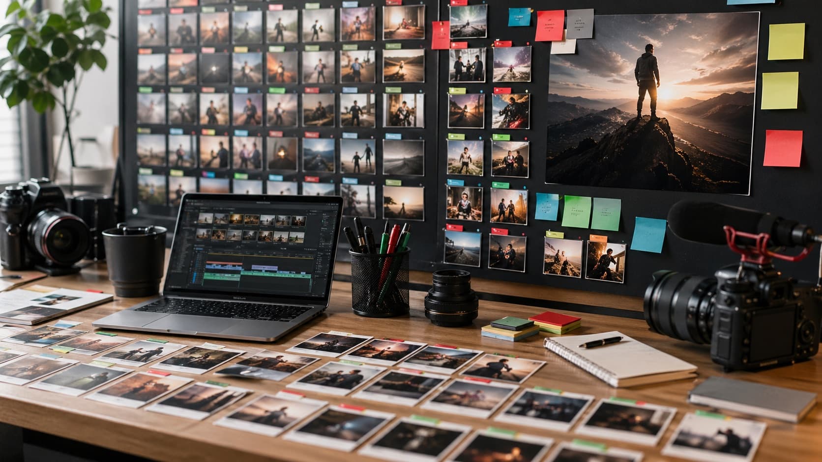 Bureau d'analyse créative avec de nombreuses vignettes vidéo et matériel de tournage.