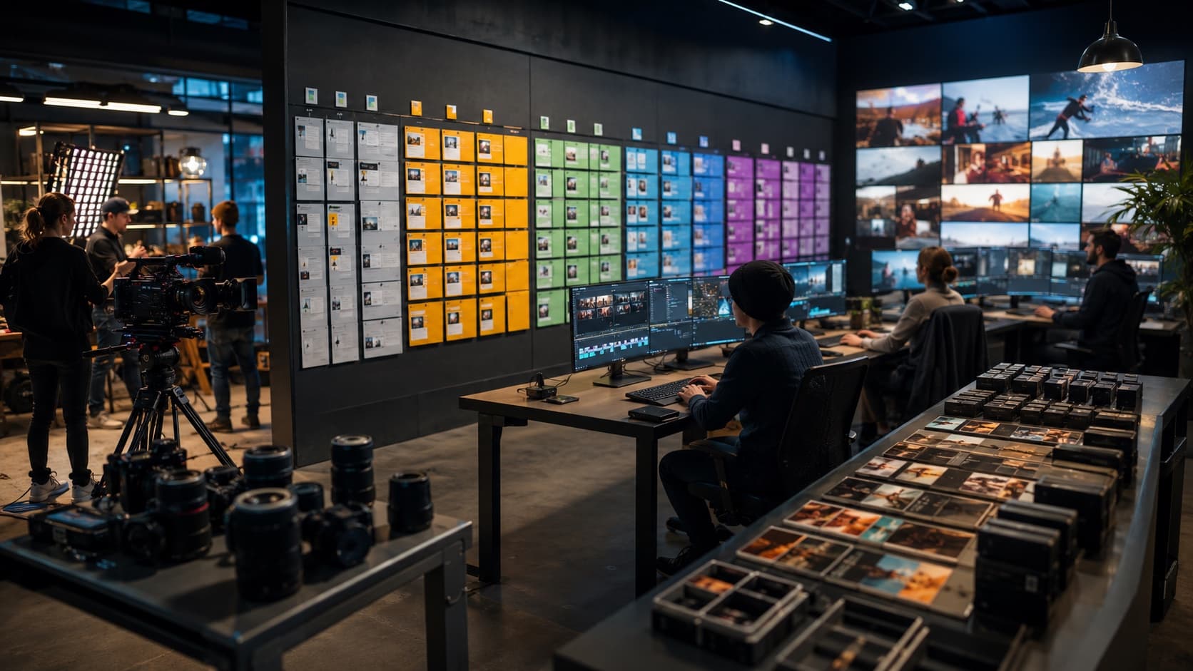 Open space d'une content factory vidéo : mur de pipeline avec cartes de production par statut, monteur devant sa timeline, caméras et écrans de diffusion multi-plateformes.