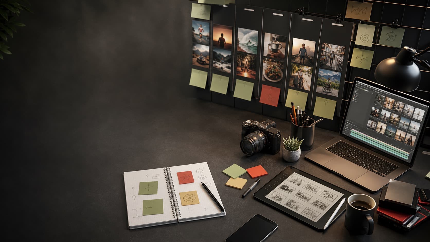 Content operations desk with video thumbnails, testing notes, analytics traces, and editing tools.